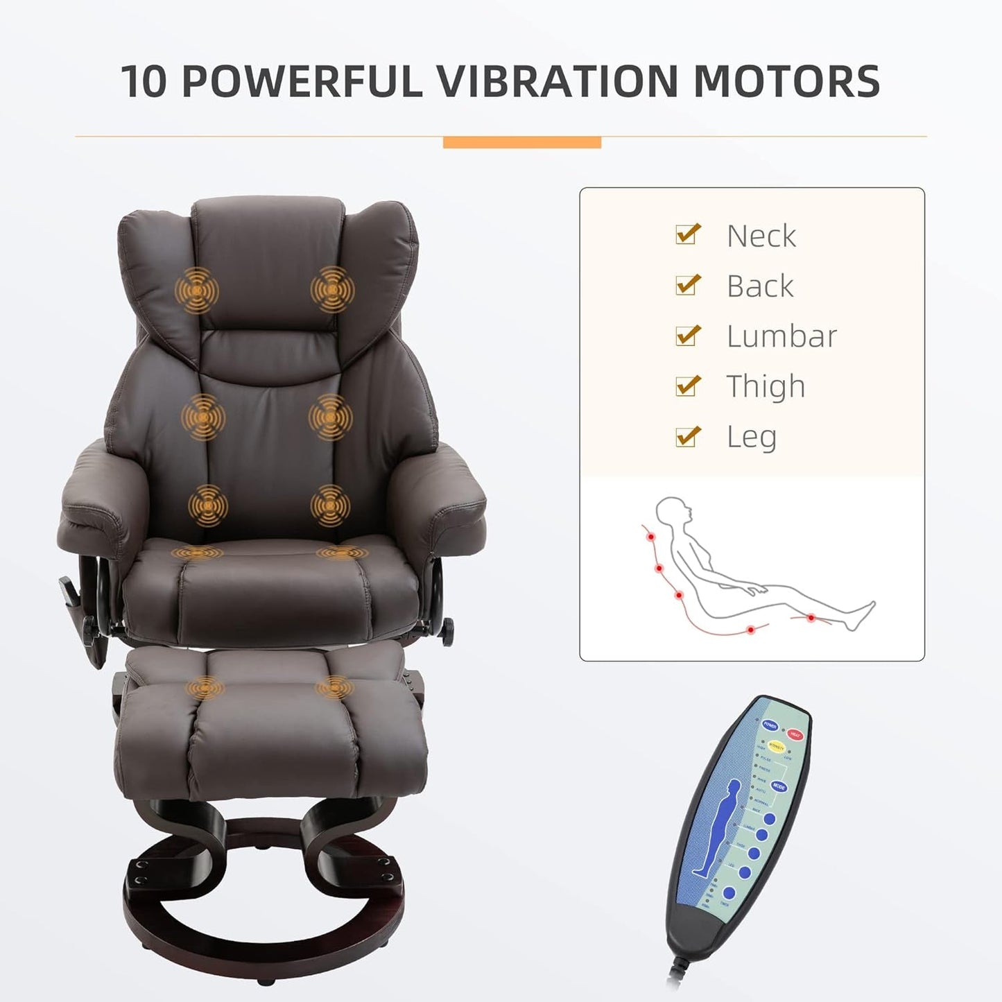 Massage Recliner Chair with Ottoman Footrest, 10 Vibration Points, 360° Swivel Reclining Chair, Faux Leather Living Room Chair with Side Pocket and Remote Control, Brown-3