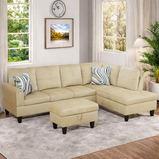 Sectional Couch with Otttoman, 97" L Shaped Couch Sectional Sofa for Living Room, Modern Modular Couches with Cup Holders for Bedroom, Apartments, Beige-1