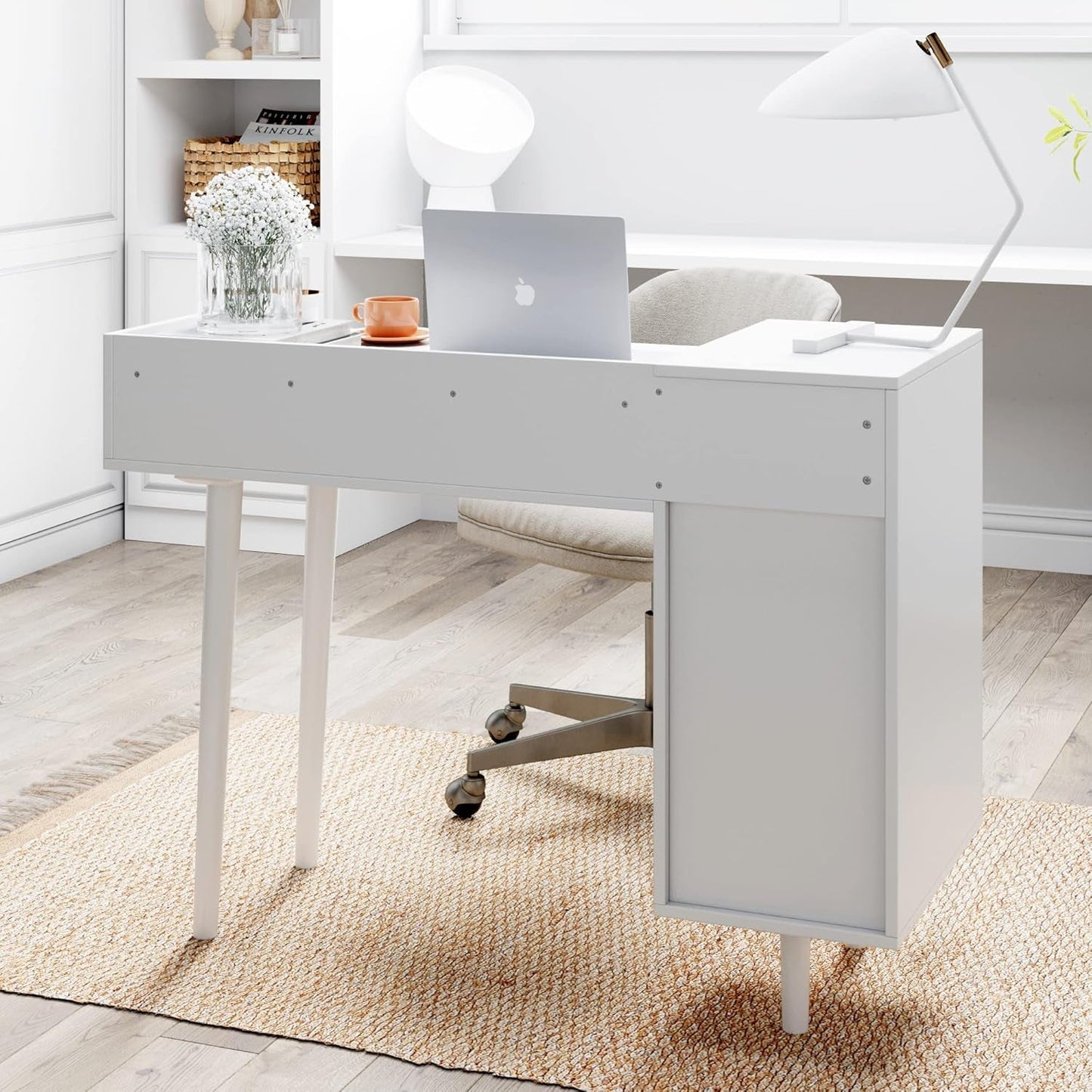 Daisy Vanity Dressing Table or Makeup Desk with 4-Drawers and Brass Accent Knobs, White Wood-2