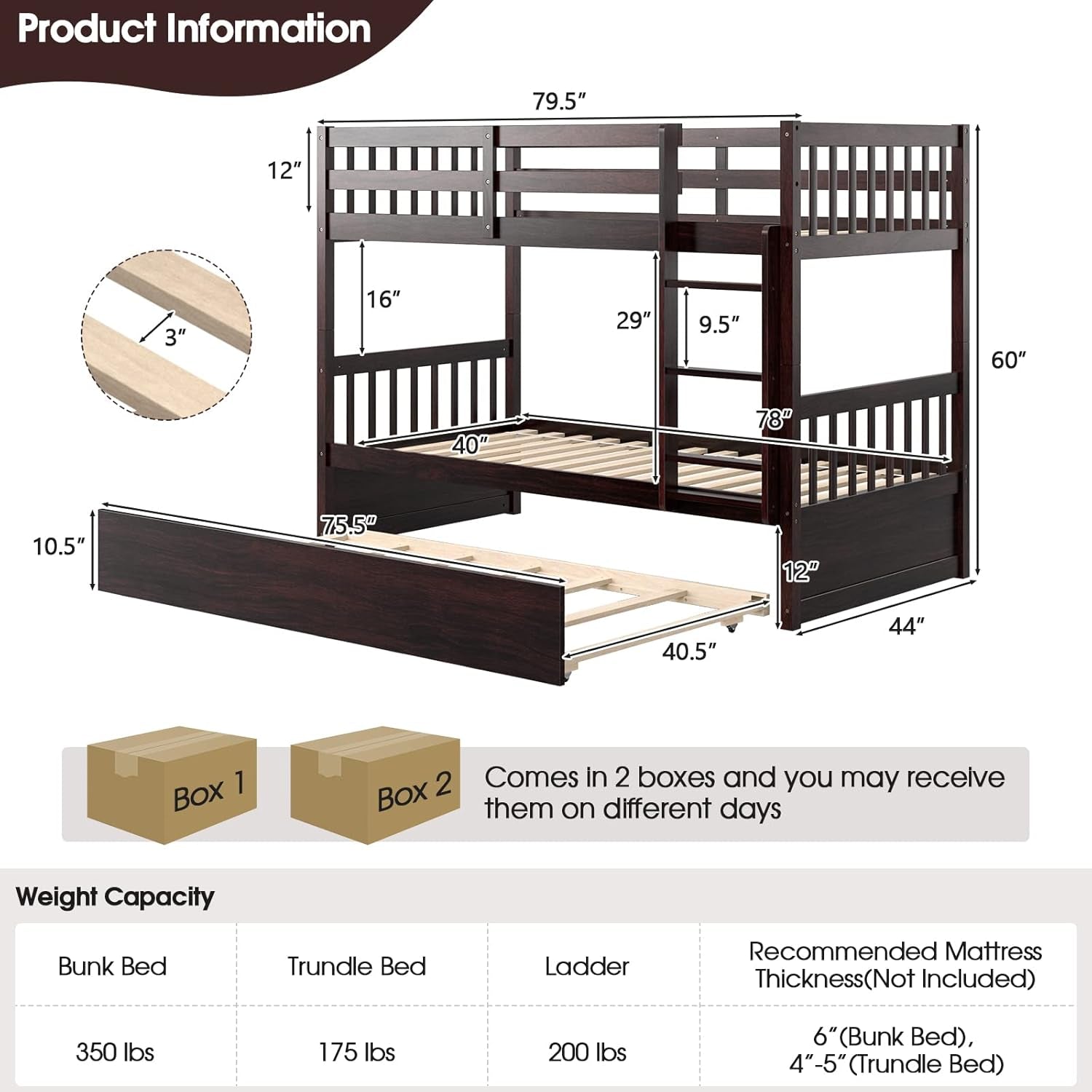 Twin over Twin Bunk Bed with Trundle, Convertible Platform Bed Frame with Ladder & Solid Wood Frame, Space-Saving Bunk Bed for Teens & Adults, No Box Spring Needed, Espresso-1