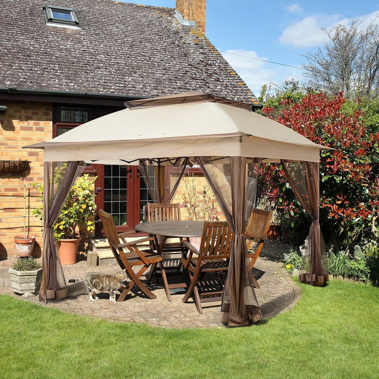 11x11 Pop Up Gazebo Mosquito Netting Beige-0