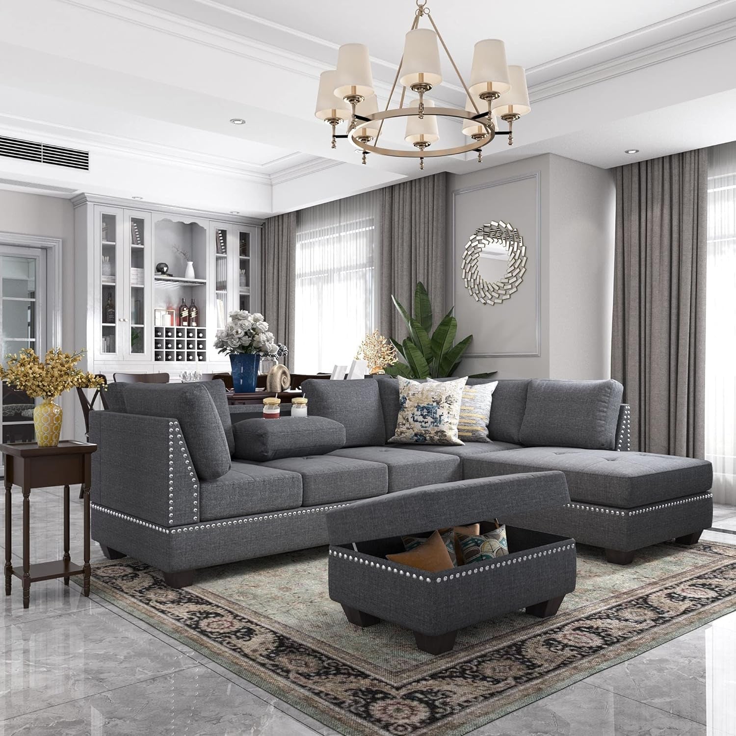 Sectional Sofas 3-Seat Sofa Sectional Sofa Couches with Reversible Chaise Storage Ottoman and 2 Cup Holders, Sofa Lounge and Ottoman for Living Room Furniture-1