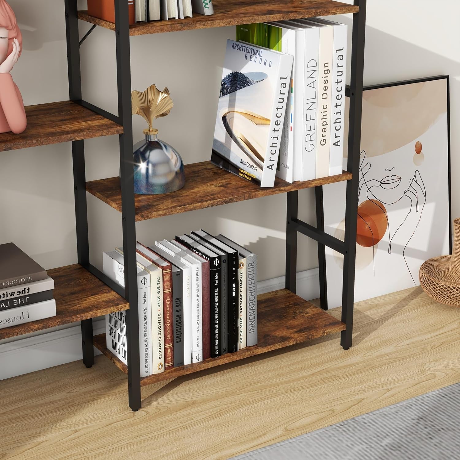 Triple 4/5/6 Tier Bookshelf, Industrial Bookcase with 11/14/17 Open Display Shelves Wide Book Shelf Book Case with Metal Frame for Living Room Home Office (Brown, 5 Tier)-4