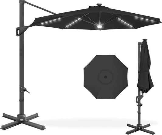 10Ft Solar LED Cantilever Patio Umbrella, 360-Degree Rotation Hanging Offset Market Outdoor Sun Shade for Backyard, Deck, Poolside W/Lights, Easy Tilt, Cross Base-0