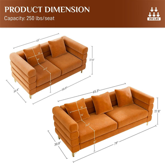 Living Room Sofa Couch and Loveseat Set, Modern Comfy Velvet Deep Seat Cloud Couch with 5 Pillows, Oversized Sofa Furniture Sets for Living Room Bedroom, Orange Velvet-1