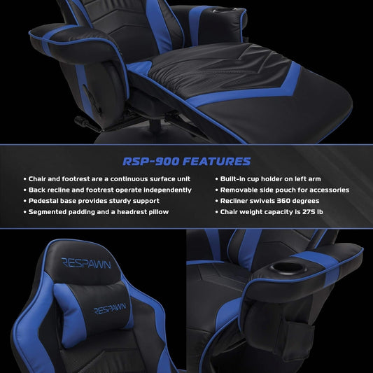900 Gaming Recliner - Video Games Console Recliner Chair, Computer Recliner, Adjustable Leg Rest and Recline, Recliner with Cupholder, Reclining Gaming Chair with Footrest - Blue-1