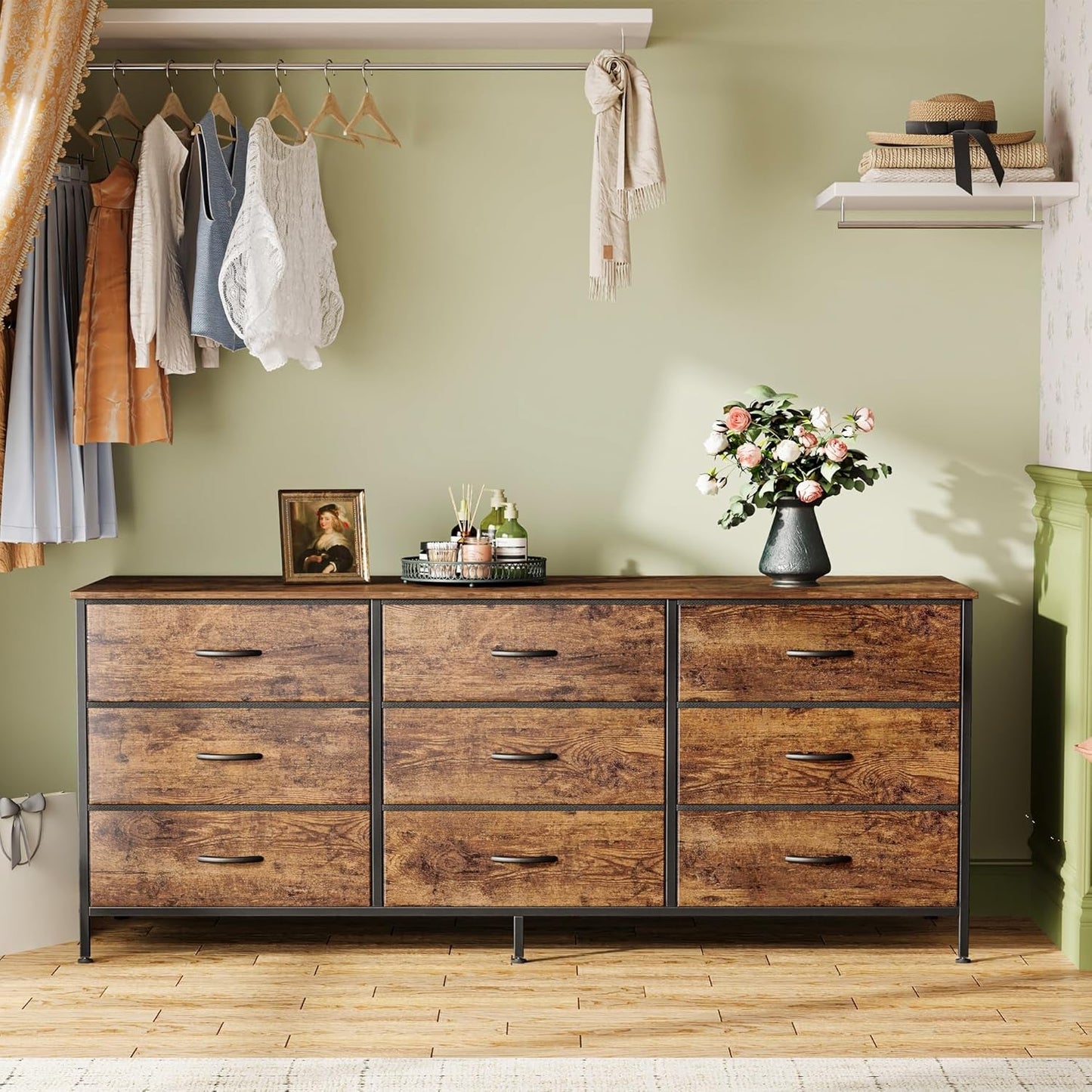 9 Drawer Dresser, 55 Inch Dresser TV Stand for 55, 60 Inch TV, Entertainment Center with Drawers, Large Storage Fabric Dresser for Bedroom, Closet, Rustic Brown-4