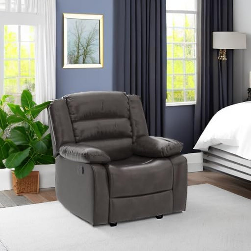 Manual Recliner Chair, Breathable Faux Leather Reclining Chairs with Overstuffed Arm and Back, Living Room Single Sofa Recliners (Dark Brown)-4