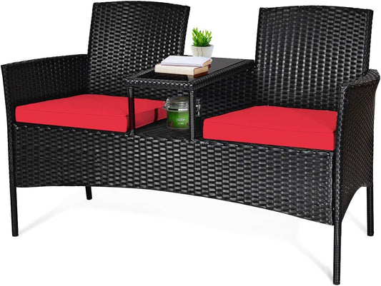 Wicker Patio Conversation Furniture Set, Outdoor Furniture Set with Removable Cushions & Table, Tempered Glass Top, Modern Rattan Bench for Garden Lawn Backyard-0