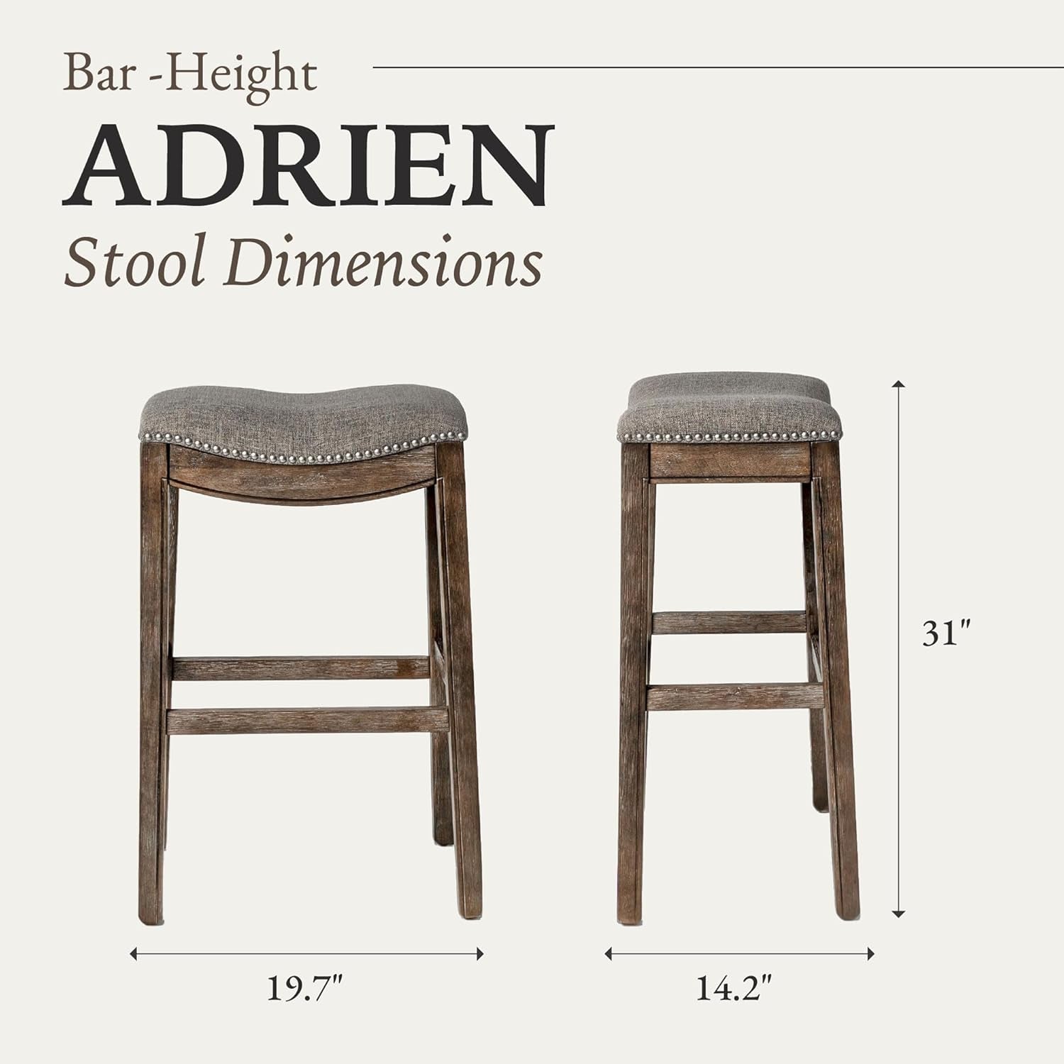 Adrien 31 Inch Bar Height Upholstered Backless Saddle Barstool in Dark Walnut Finish with Ash Grey Fabric Cushion Seat, Set of 4-2
