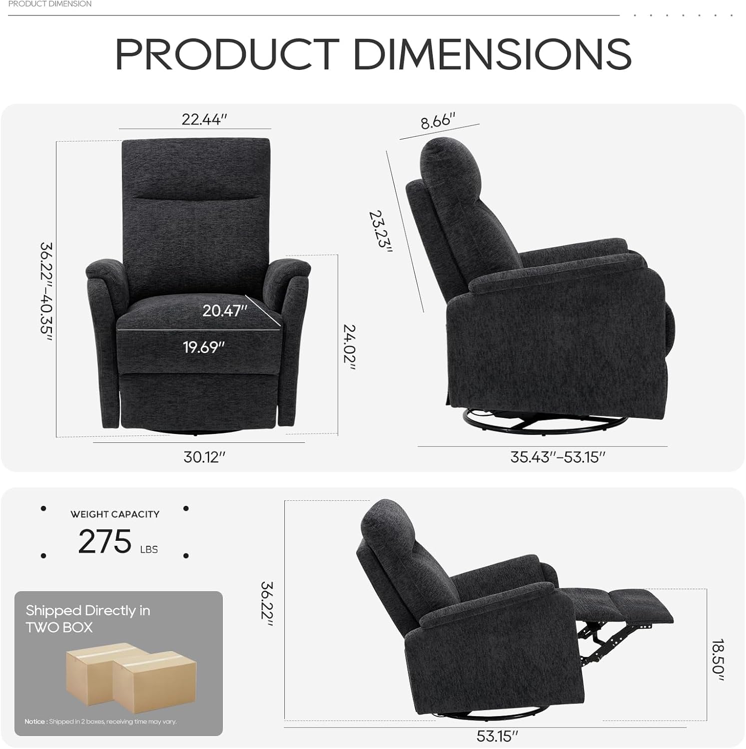 Swivel Rocking Recliner Glider Chair, Upholstered Fabric Reclining Rocker Chair with Footrest for Living Room, Nursery, Bedroom, Ergonomic High Backrest, Wide Seat Cushion and Metal Base-Darkgrey-1