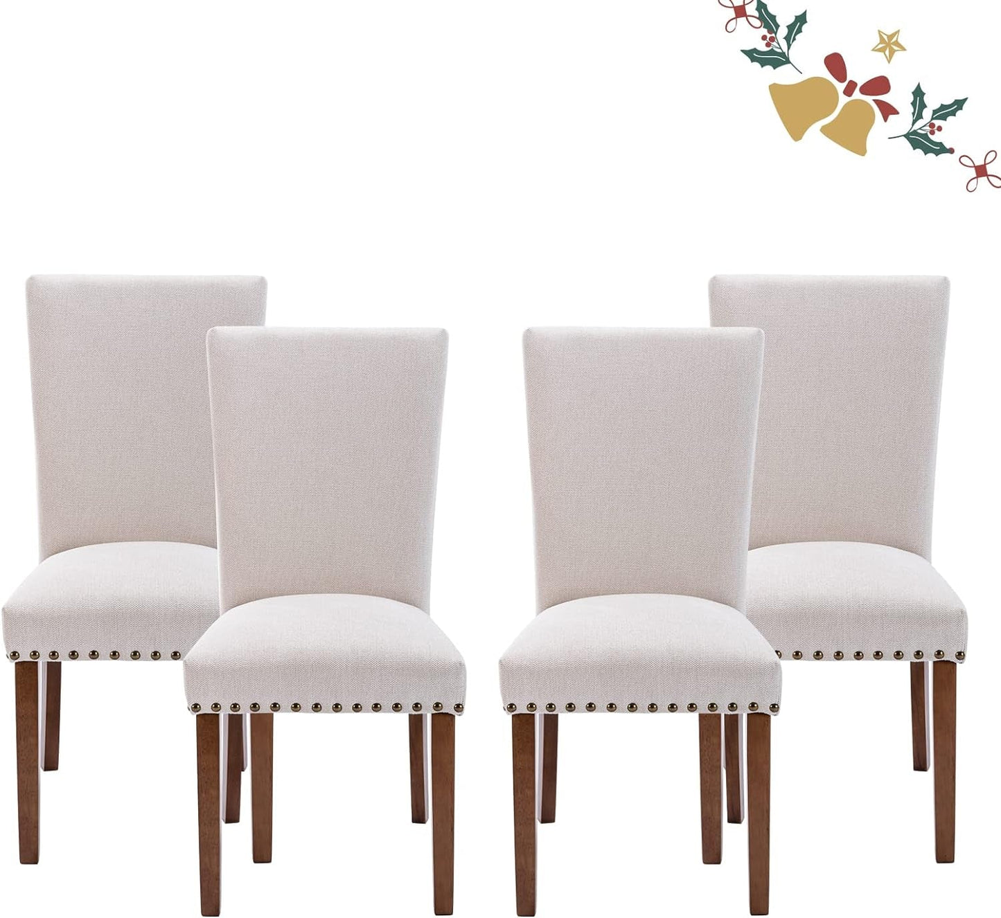 Parsons Dining Chairs Set of 4, Upholstered Nailhead Dining Room Kitchen Side Chair with Thick Cushions and Wood Legs, Beige-0