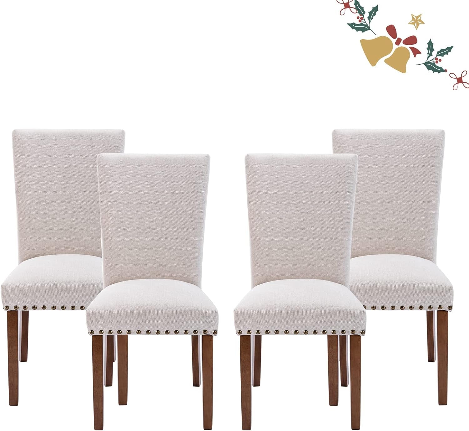 Parsons Dining Chairs Set of 4, Upholstered Nailhead Dining Room Kitchen Side Chair with Thick Cushions and Wood Legs, Beige-0