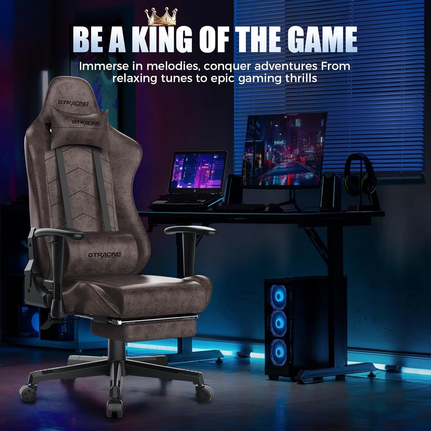 Gaming Chair with Footrest, Racing Style Computer Chair for Adult, Adjustable Reclining Backrest and Lumbar Support, Stylish High Back Chair for Gaming and Office (Brown)-4