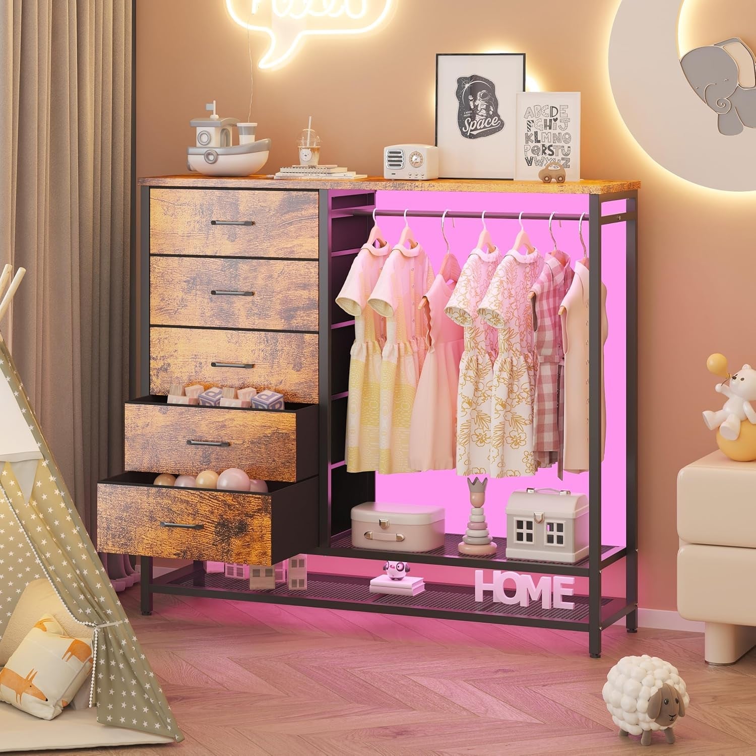 Dresser for Bedroom, Dresser with Hanging Rack Led Lights and Charging Station, Bedroom Dresser with 5 Fabric Chest of Drawers with PU Finish Storage Organizer, for Living Room Kids Room Closet, Brown-1