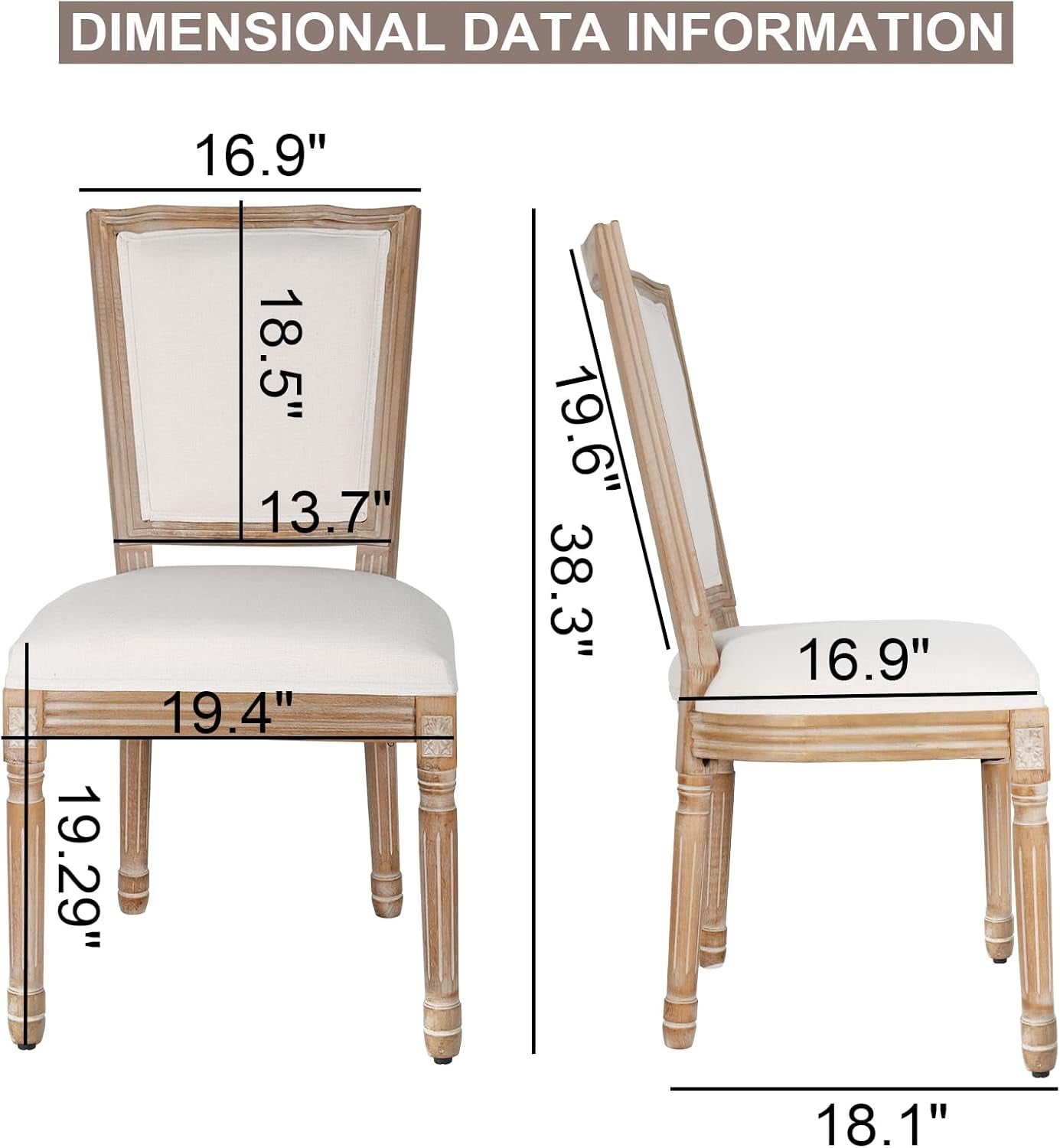 Dining Chairs Set of 2 Beige Fabric Square Back with Solid Wood Legs and Frame for French Country Kitchen Dining Room-2
