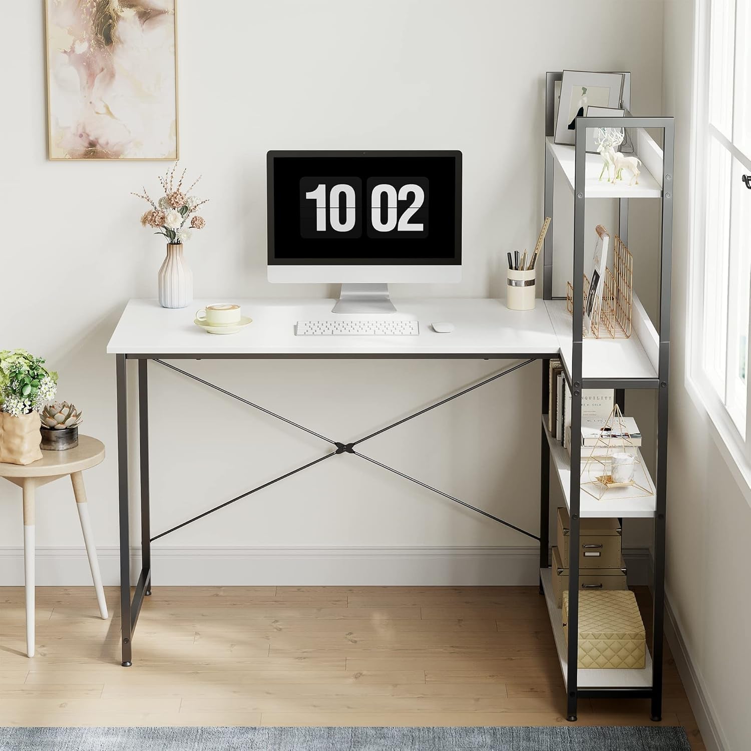 Computer Corner Desk with Storage Shelves, 47 Inch Reversible Small L Shaped Computer Desk, Home Office Writing Desk with 2 Hooks, White-1