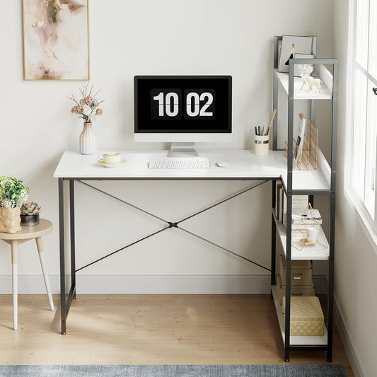 Computer Corner Desk with Storage Shelves, 47 Inch Reversible Small L Shaped Computer Desk, Home Office Writing Desk with 2 Hooks, White-1