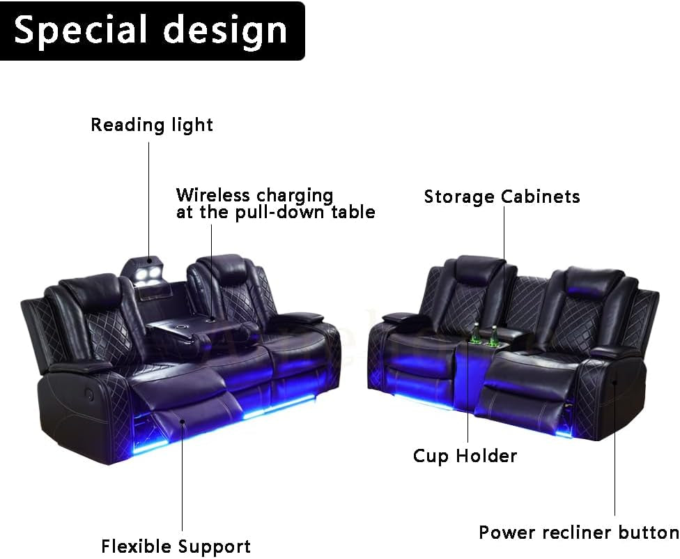 Power Leather Recliner Sofa Sets, 2 Pieces Living Room Furniture Sets with LED Lights, Grey Reclining Sofa Sets with USB Port for House/Office/Rv(C-Black, Sofa+Loveseat)-3