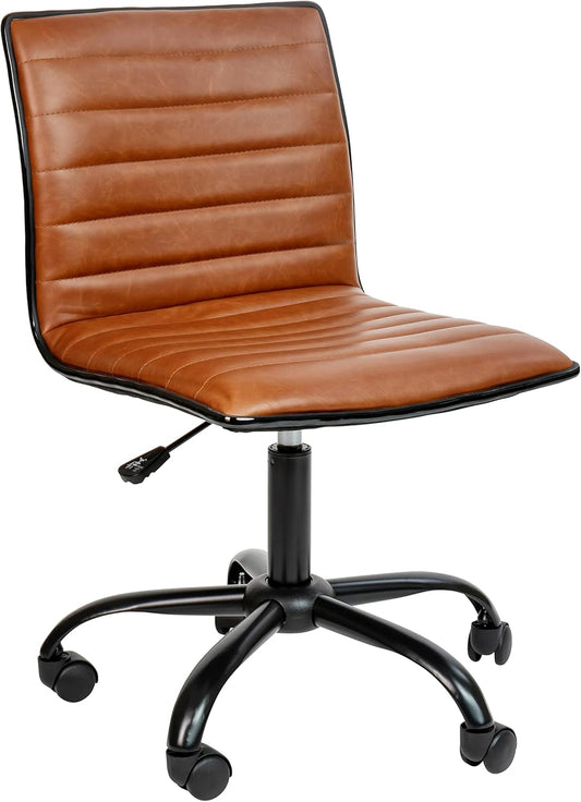 Alan Low-Back Ribbed Upholstered Vinyl Swivel Desk Chair with Padded Seat, Modern Adjustable Height Padded Office Chair, Brown-0
