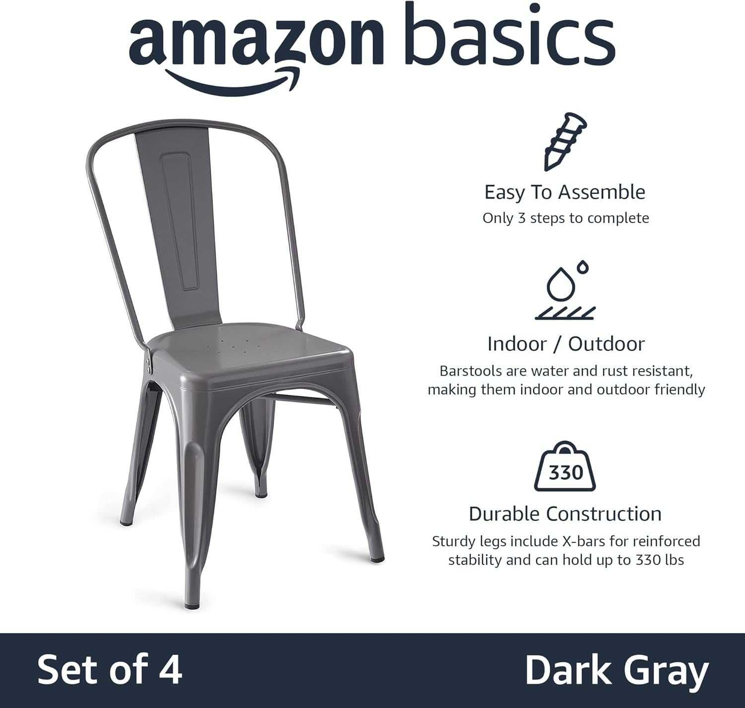 Metal Dining Chairs, Dark Grey, 1 Count (Pack of 4)-3