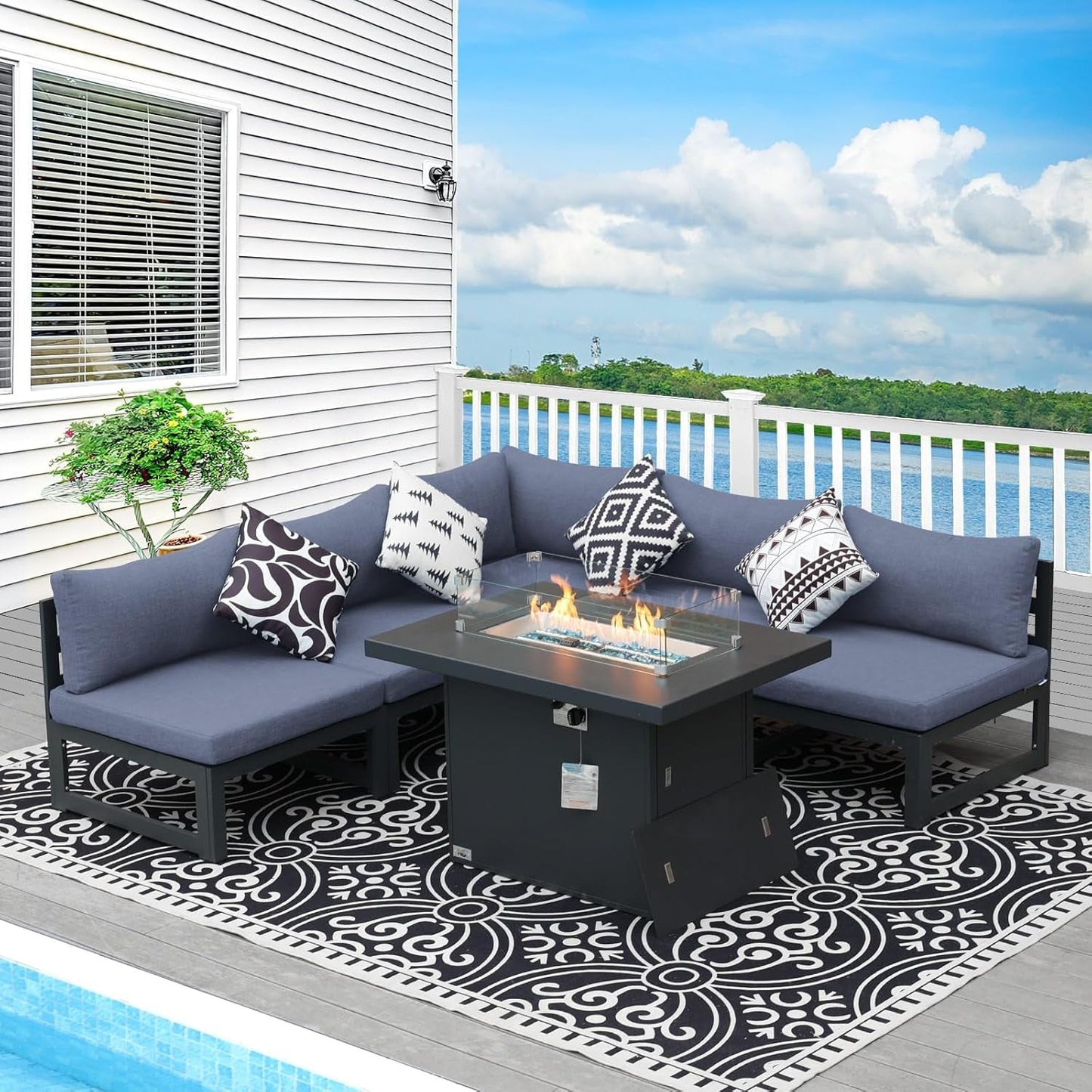 ® Modern Large Grey Aluminum Outdoor Patio Furniture Set with Propane/Natural Gas Fire Pit Table, 29'' Deep Wide Seating Conversation Sofa L Shaped Sectional Couch Set (6 Pieces, 5 Seats)-0