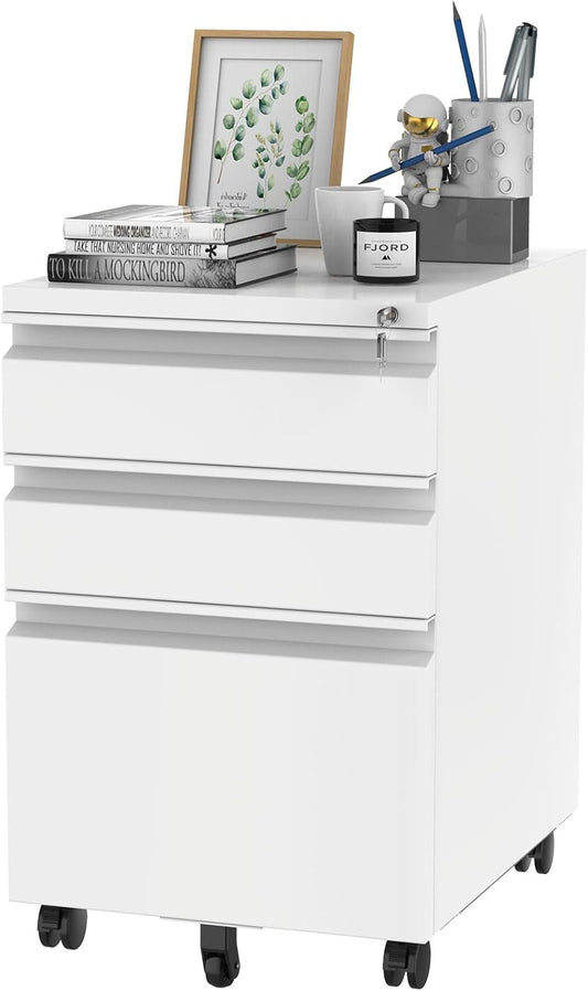 3 Drawer Mobile File Cabinet for Home Office under Desk Storage, Filing Cabinet with Lock Keys, File Organizer Cabinet for Legal/Letter/A4 File, White-0