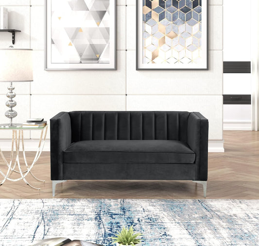 Velvet Loveseat Home Theater Seating 55" W Upholstered Modern Chesterfield Loveseat Sofa Furniture for Living Room Office Bedroom Apartment, Black-0