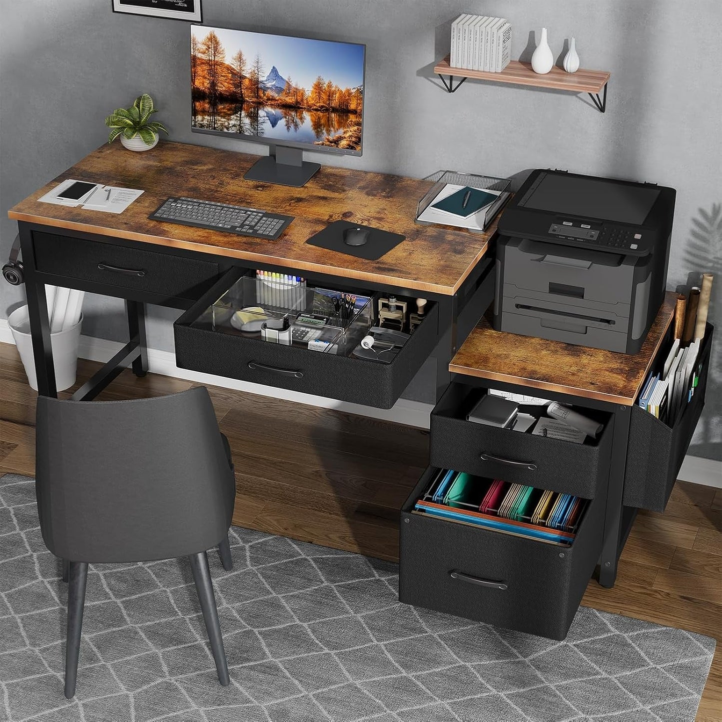 Computer Desk with Fabric File Drawers Cabinet, 57 Inch Home Office Desks with Filing Cabinet Printer Stand for Small Space, Study Writing Table PC Gaming Desks for Bedroom, Brown Black-1