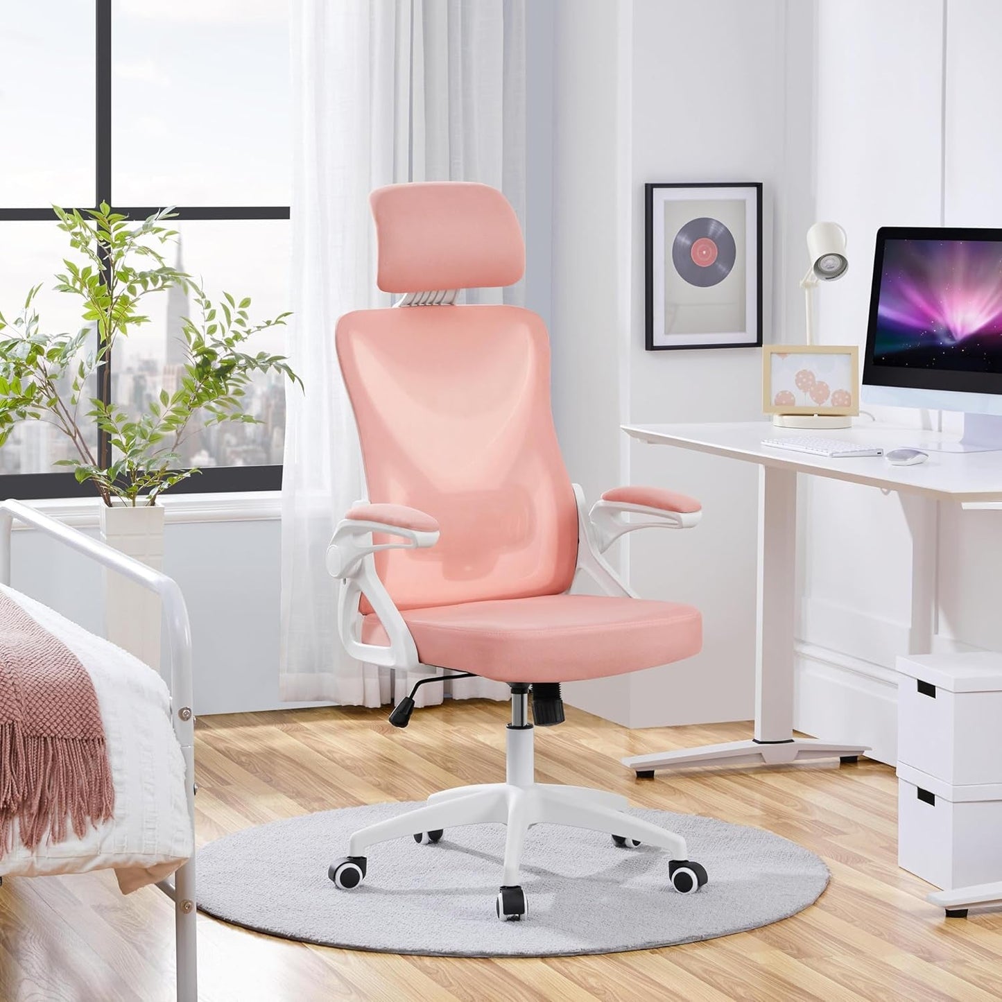 Ergonomic Office Chair, High Back Mesh Desk Chair with Flip-Up Armrests, Adjustable Headrest Computer Chair with Lumbar Support for Home Oiffce Gaming Room, White/Pink-1
