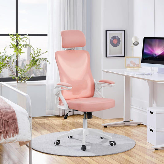 Ergonomic Office Chair, High Back Mesh Desk Chair with Flip-Up Armrests, Adjustable Headrest Computer Chair with Lumbar Support for Home Oiffce Gaming Room, White/Pink-1