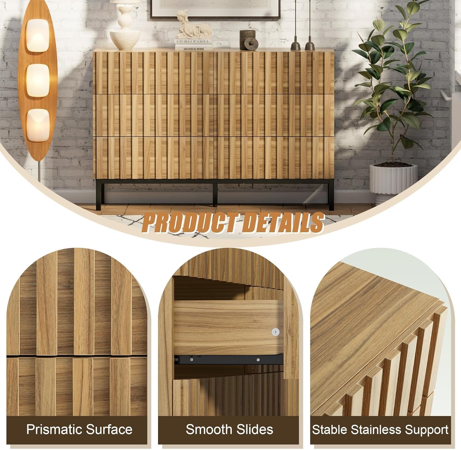 Fluted 6 Drawer Dresser with Metal Stand, Mid Century Modern Dresser,Wood Dresser for Bedroom,Accent Chest of Drawers for Bedroom,Living Room,Hallway-3