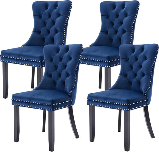 Tufted Dining Chairs Set of 4, Velvet Upholstered Dining Chairs with Nailhead Back and Ring Pull Trim, Solid Wood Dining Chairs for Kitchen/Bedroom/Dining Room (Blue)-0