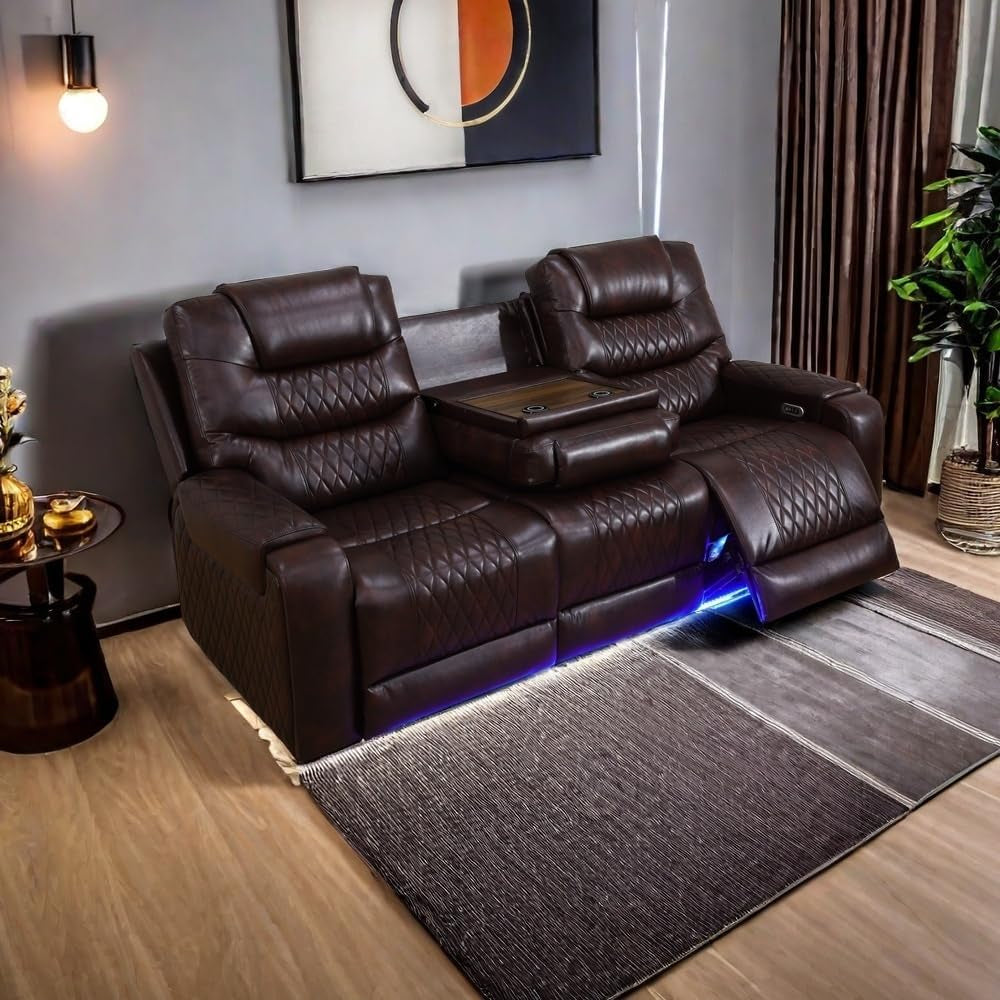 LED Power Recliner Sofa for Living Room Furniture Set, Leather Sectional Sofa Set, Recliner Chair Set Reclining Sofa and Loveseat with USB Port/Storage Console/Cup Holders(Dark Brown Sofa)-0