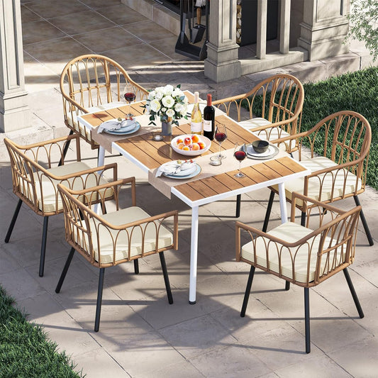 8 Pieces Outdoor Patio Dining Set with Wicker Patio Dining Chair, Backless Bench & Table with Umbrella Hole, Garden Dining for Patios, Backyard, Balcony, Lawn-0