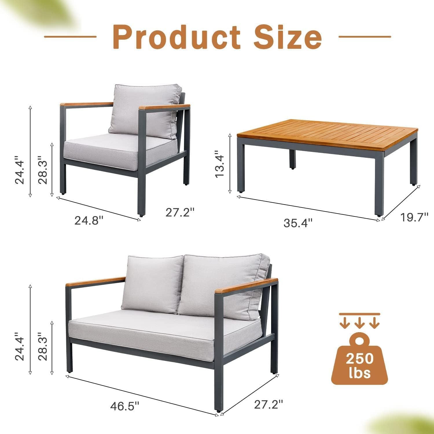 Patio Furniture 4 Pieces, Outdoor Conversation Set with Acacia and Metal Coffee Table, Loveseat and 2 Single Chairs, for Yard, Garden, Porch, Beige-3