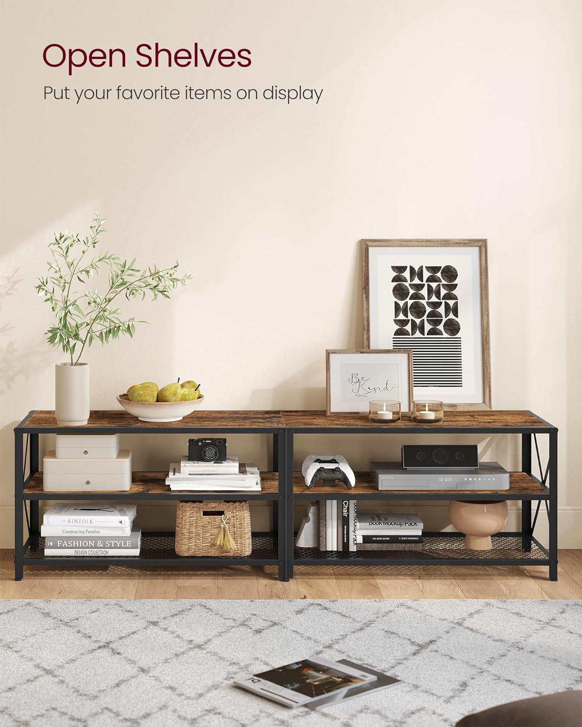 TV Stand, TV Console for Tvs up to 75 Inches, TV Table, 70.1 Inches Width, TV Cabinet with Storage Shelves, Steel Frame, for Living Room, Bedroom, Rustic Brown and Black ULTV096B01V1-4