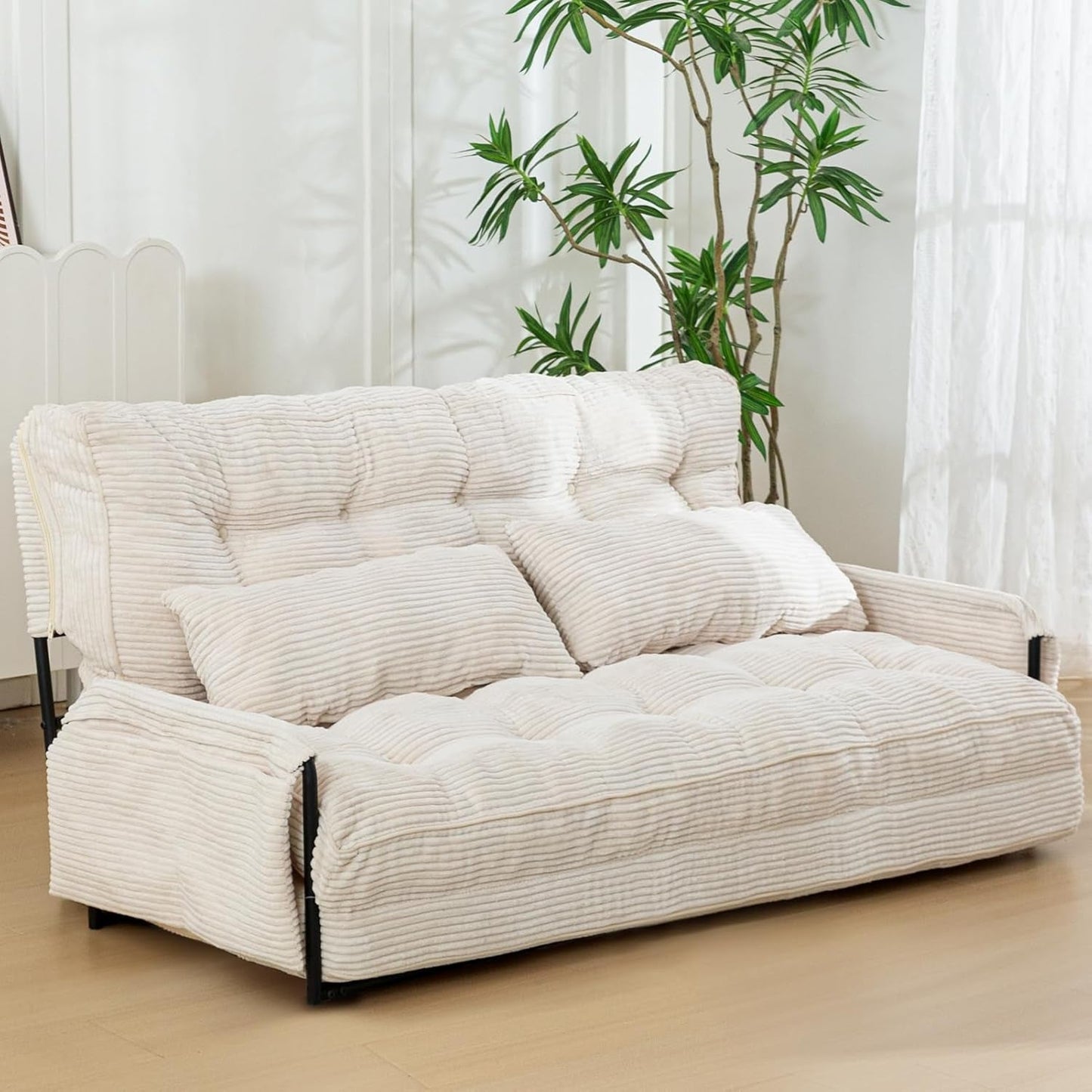 Adjustable Floor Sofa Couch with 2 Pillows, Multi-Functional Bean Bag Bed, 5-Position Foldable Lazy Sofa Sleeper Bed with Armrest Versatile Floor Seating Sofa for Reading Gaming, Beige, Double-0