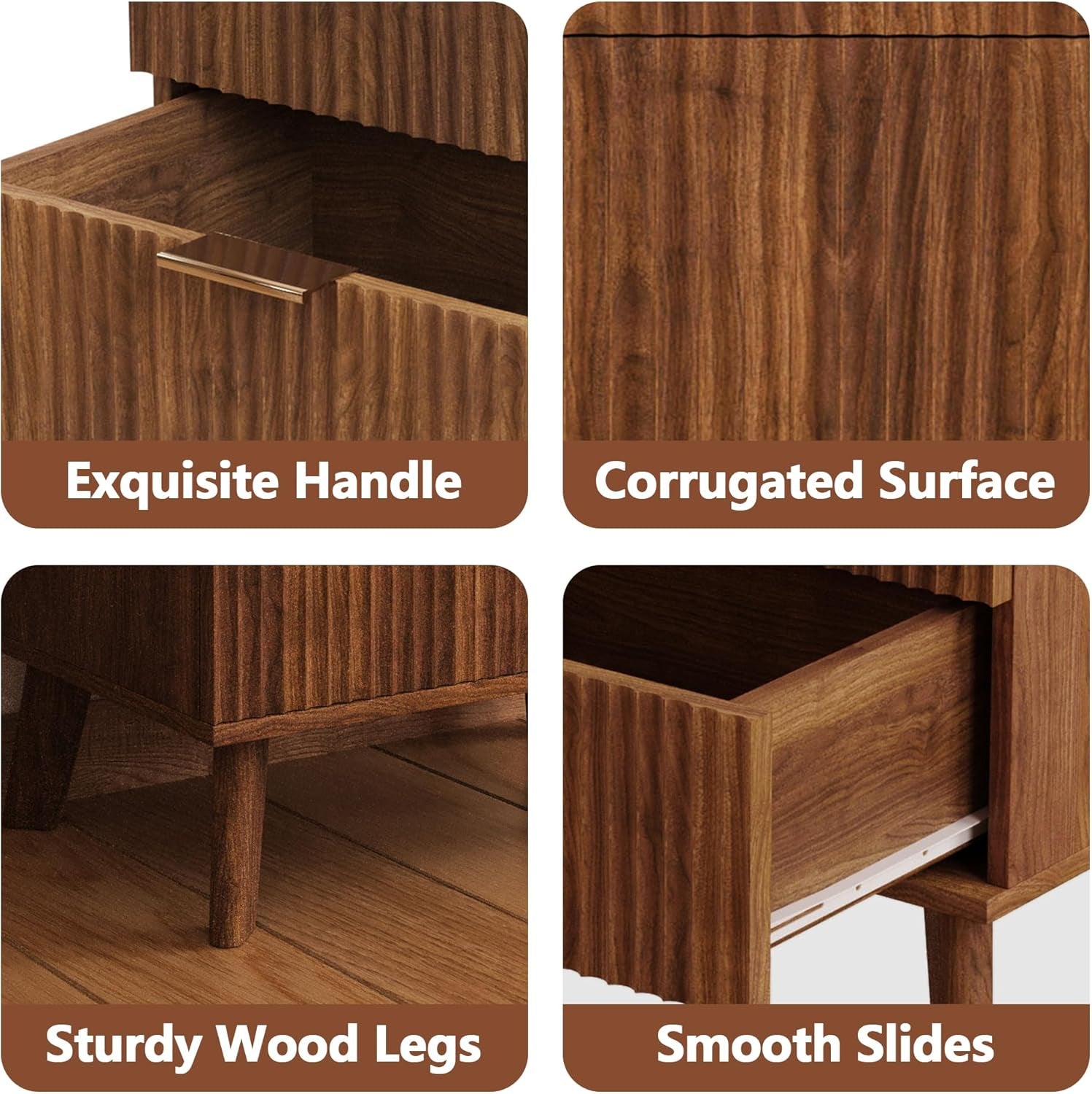 Fluted 3 Drawer Dressers, Modern Closet Dressers Chest of Drawers, Wood Storage Dresser Chest of Drawers Organizer for Bedroom Living Room Hallway Closet, Walnut, 2 Sets-3