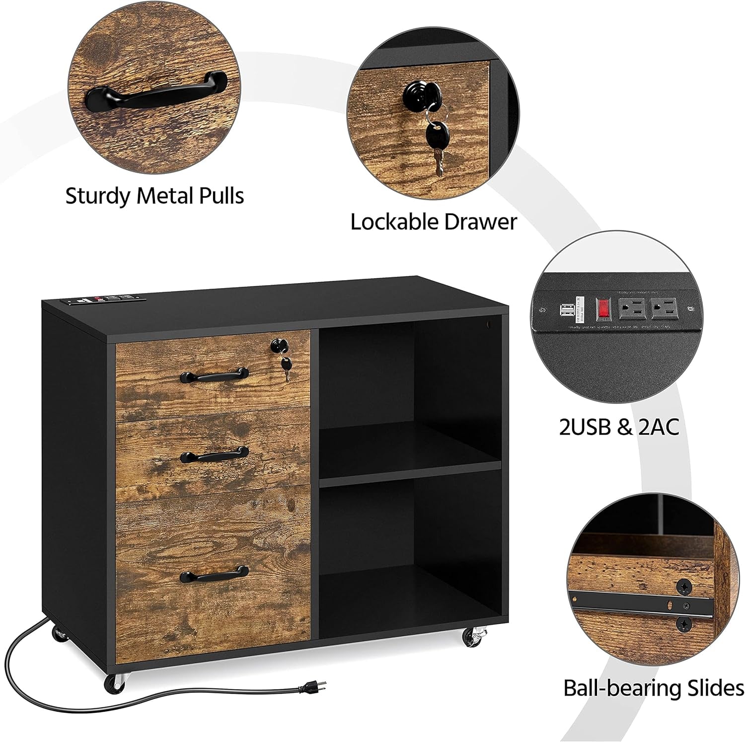 File Cabinet, 3 Drawer Mobile Lateral Filing Cabinet, Printer Stand with Open Storage Shelf under Desk Storage for Home Office, Black/Rustic Brown-3