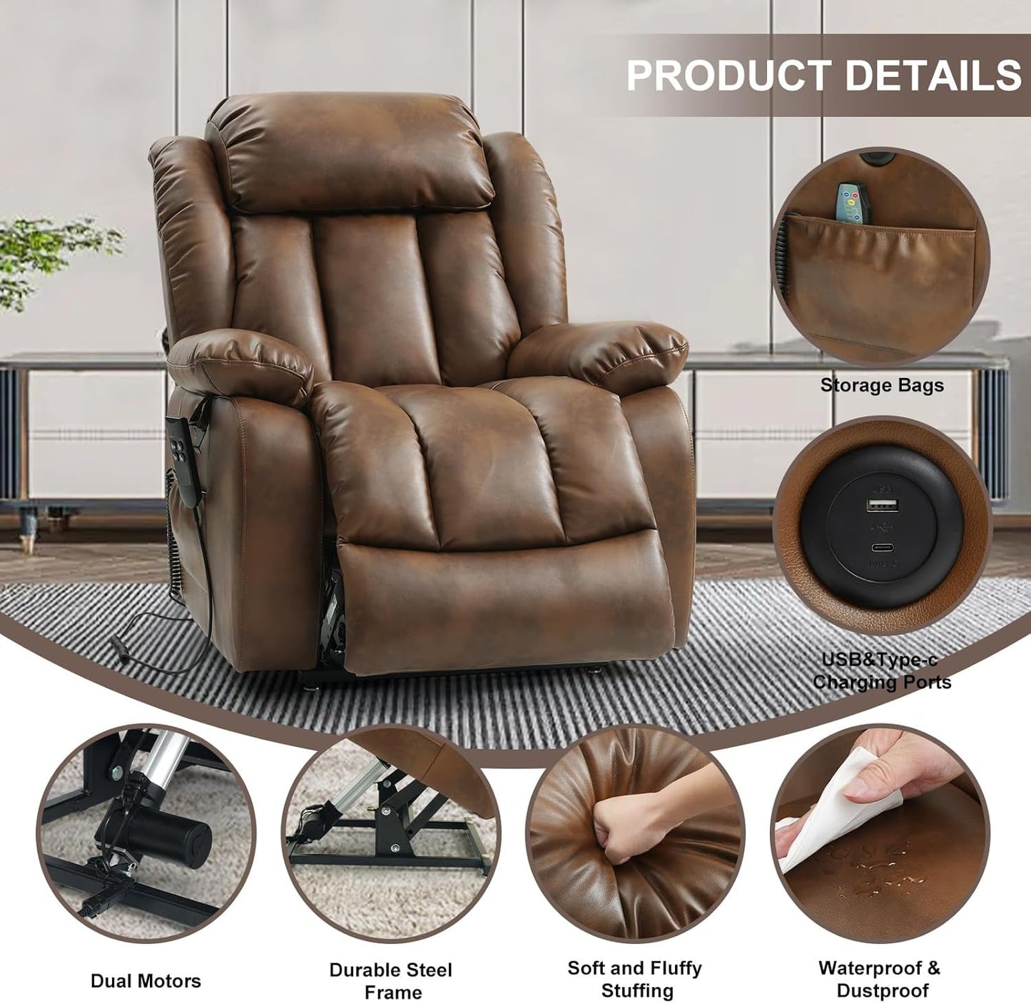 Powerful Dual Motor Lift Recliner Heat Massage Leather-3