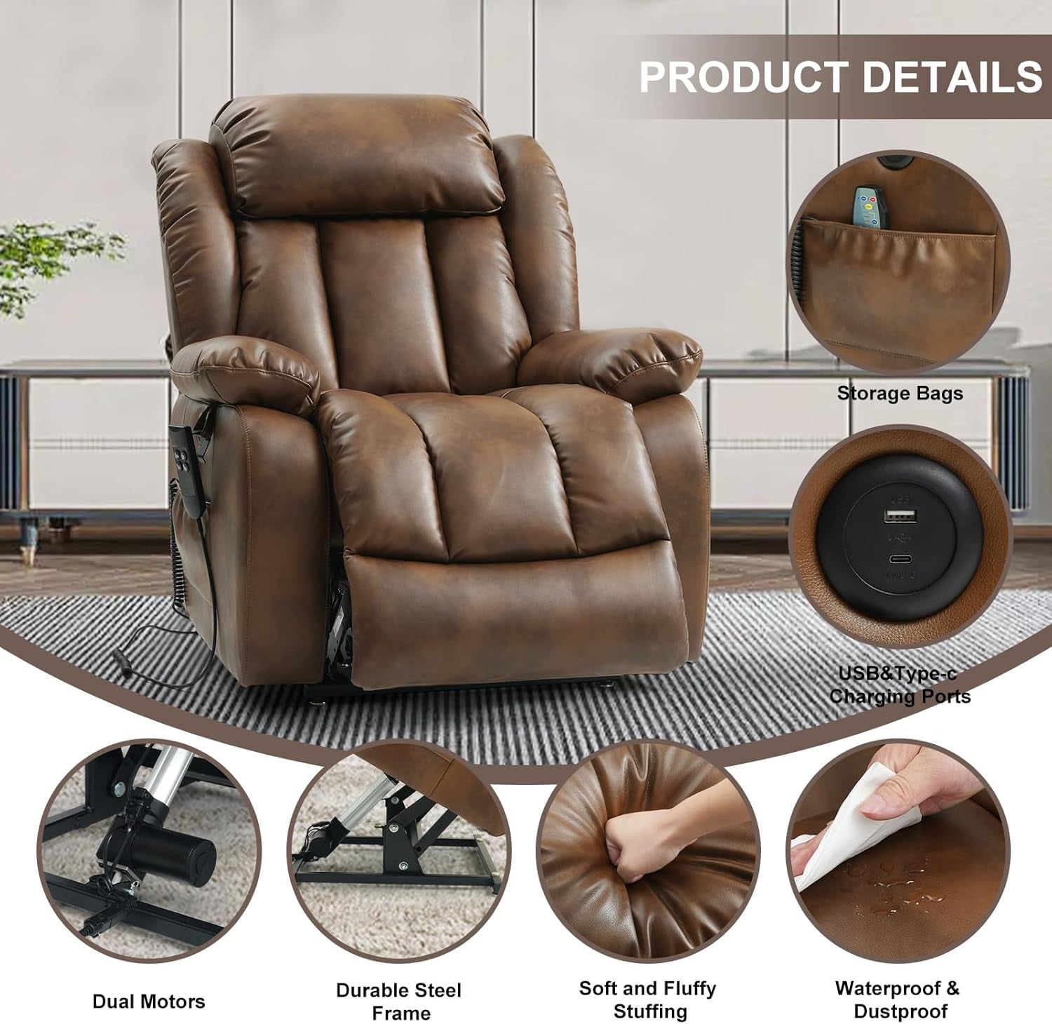 Powerful Dual Motor Lift Recliner Heat Massage Leather-3
