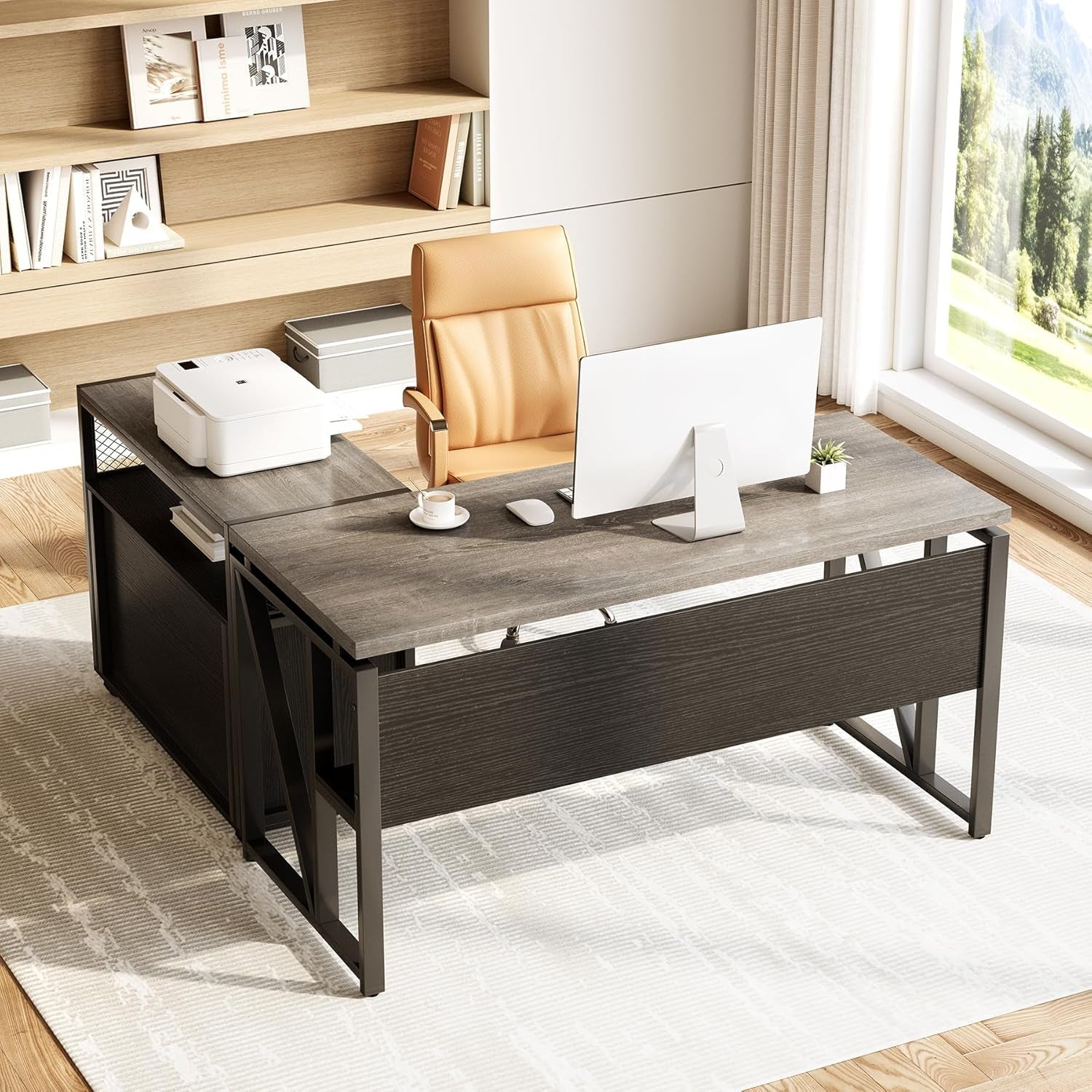 55" Executive Computer Desk and Lateral File Cabinet, L-Shaped Office Desk for Home Office, Furniture Set, Grey-1