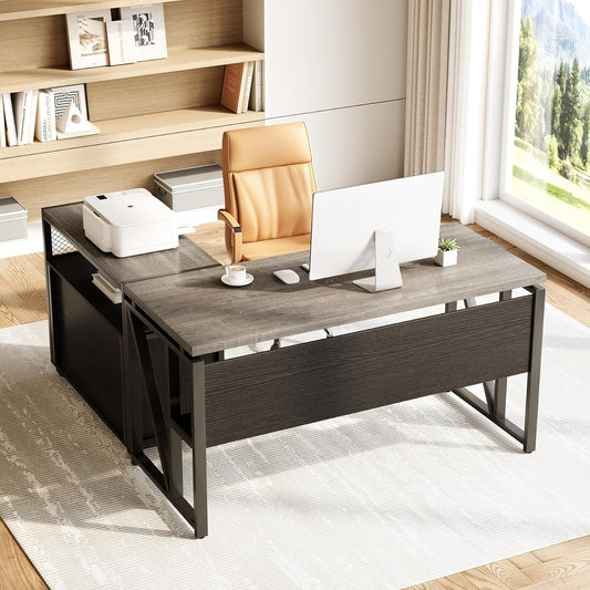 55" Executive Computer Desk and Lateral File Cabinet, L-Shaped Office Desk for Home Office, Furniture Set, Grey-1