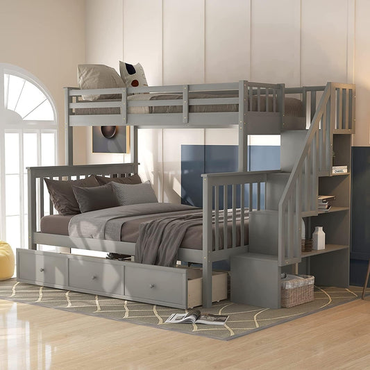 Twin over Full Bunk Bed with Stairs, Solid Wood Stairway Bunk Bed with Storage Drawers for Kids Teens Adults, Bedroom, Dorm - Gray-0