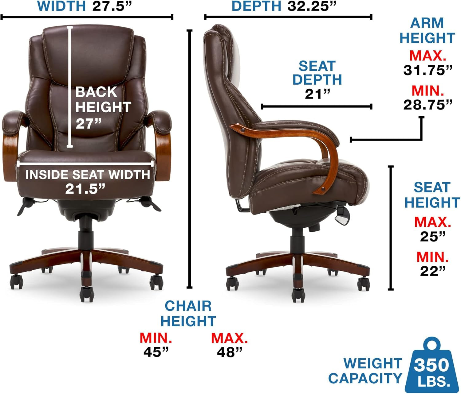 Delano Big & Tall Executive Office Chair, High Back Ergonomic Lumbar Support, Bonded Leather, Brown-2