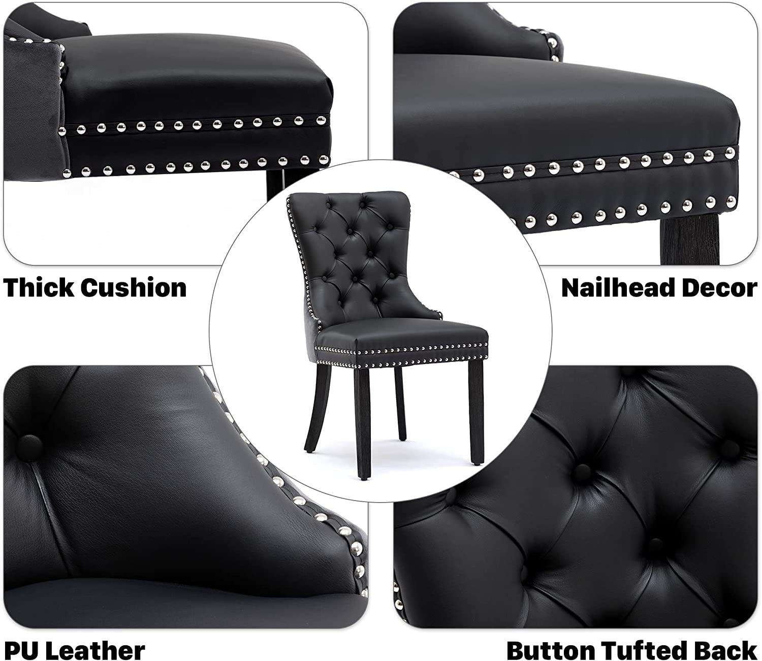 Black and Dark Grey Velvet Dining Chairs Set of 6 with Nailhead Trim and Pull Ring-4