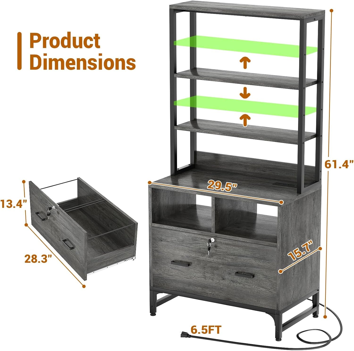 Grey File Cabinet Charging Station Locking Drawer-2
