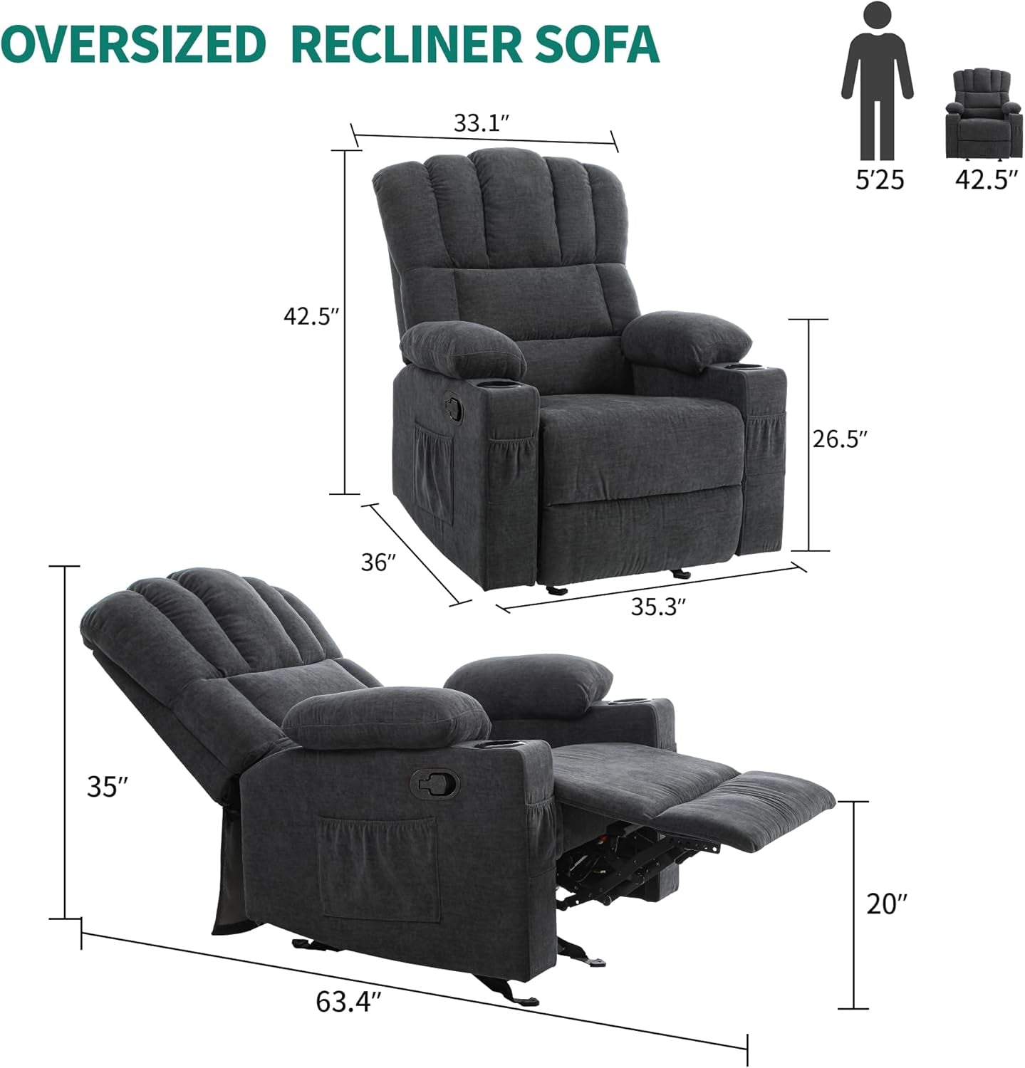 Oversized Rocker Recliner Chair with Massage and Heat, Manual Recliner Chair with Overstuffed Armrest, Rocking Recliner with 2 Cup Holders, USB Charge Port and Side Pocket for Living Room-1