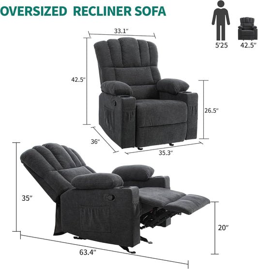 Oversized Rocker Recliner Chair with Massage and Heat, Manual Recliner Chair with Overstuffed Armrest, Rocking Recliner with 2 Cup Holders, USB Charge Port and Side Pocket for Living Room-1